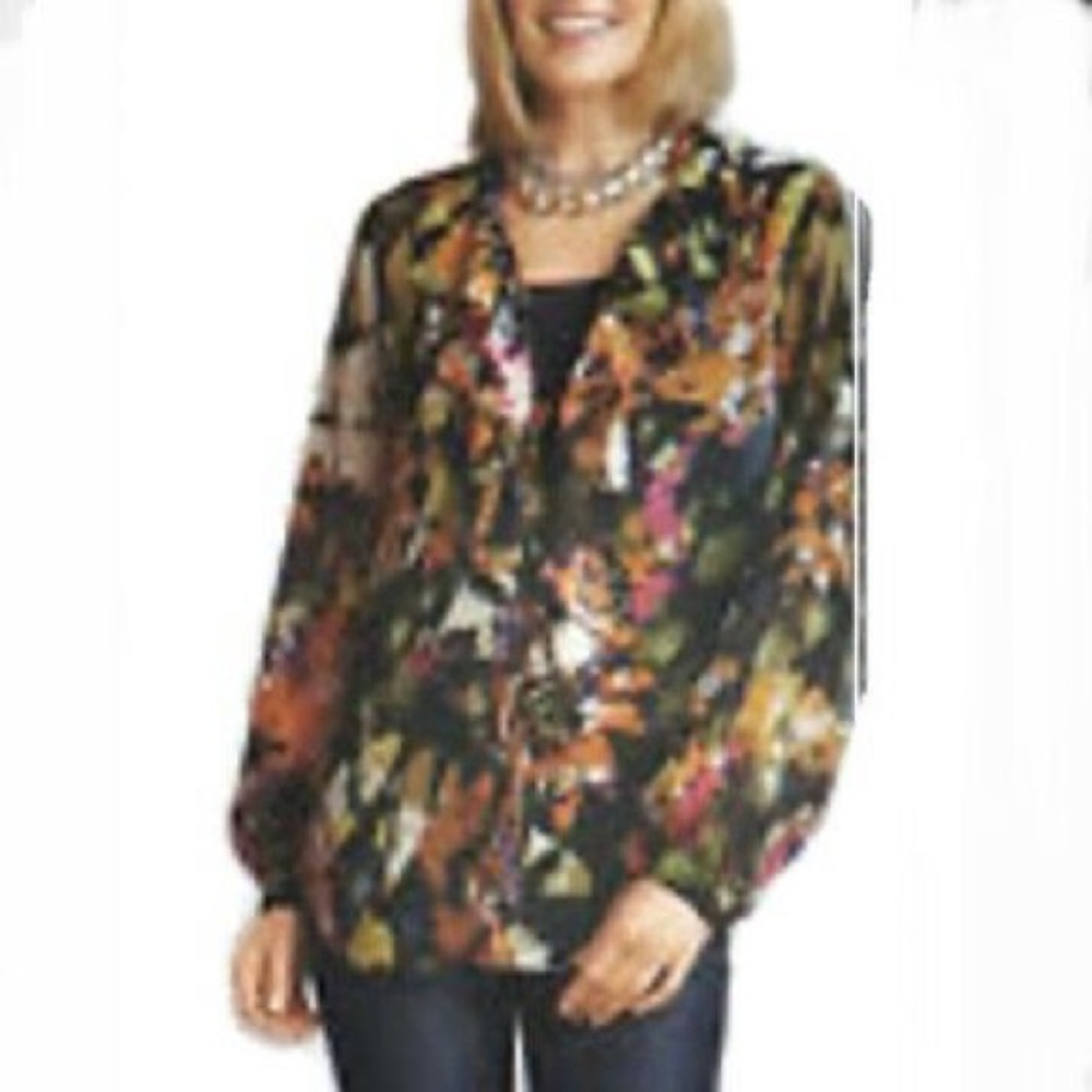 CAbi Tie Front Long Sleeve Sheer Floral Blouse M